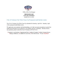 Press Release - City Wide Cleanup Postponed until further notice