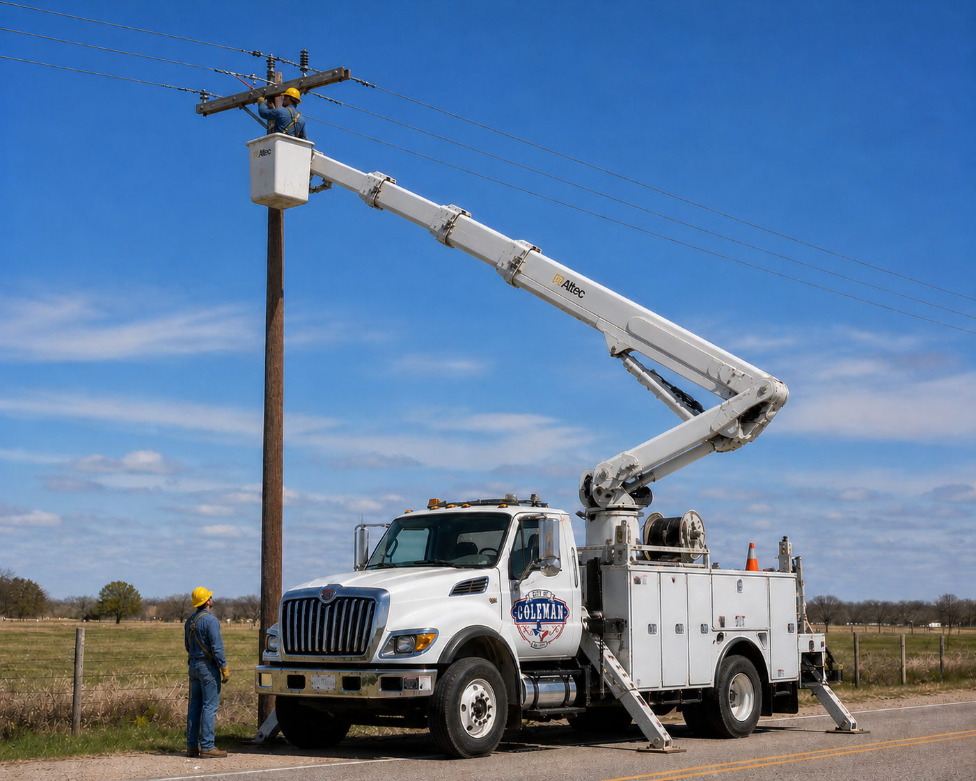 Electrical workers in a bucket truck working on a power line
